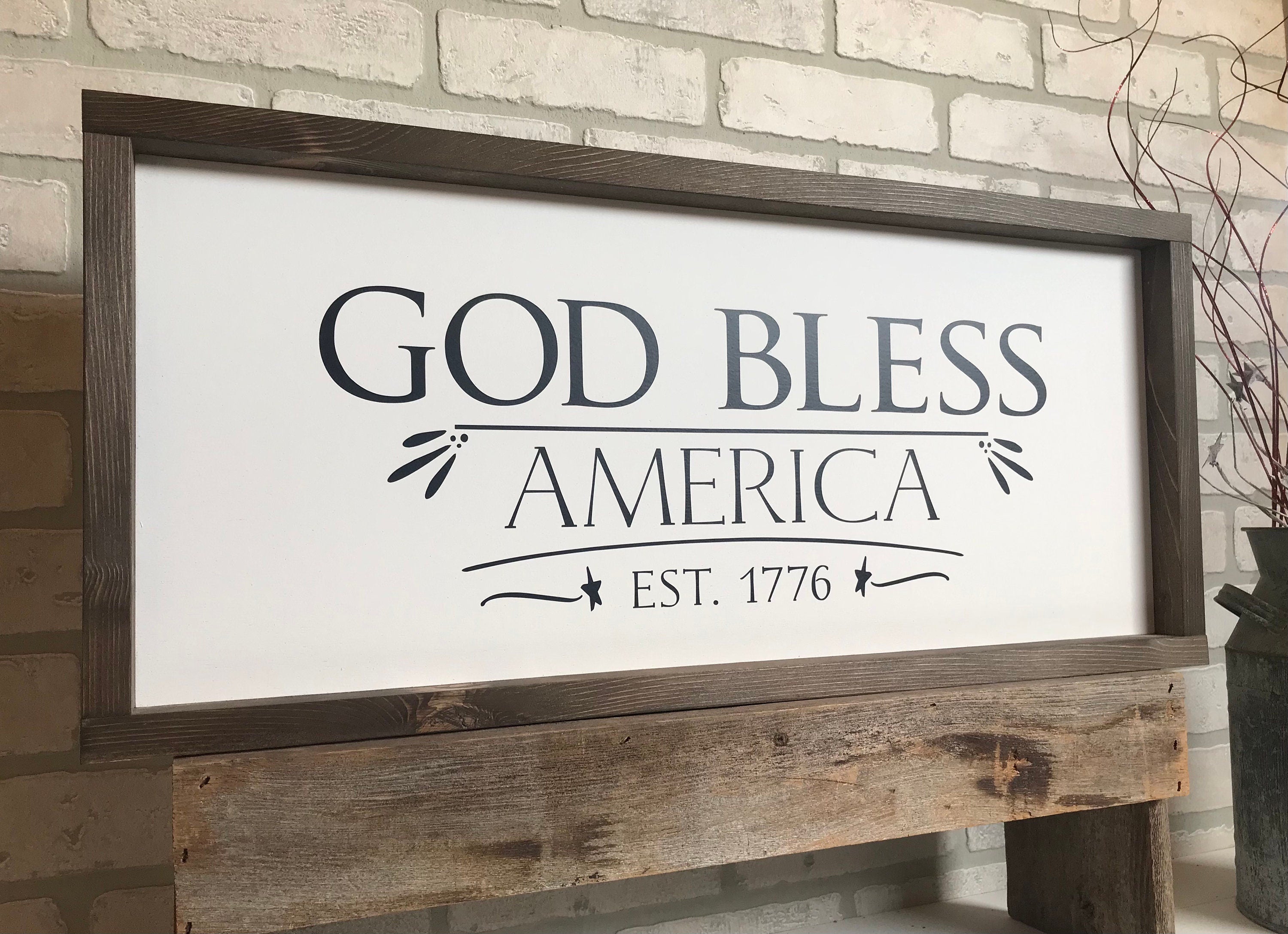 God Bless America, wooden framed patriotic wall sign, shiplap style modern farmhouse sign, americana wall art