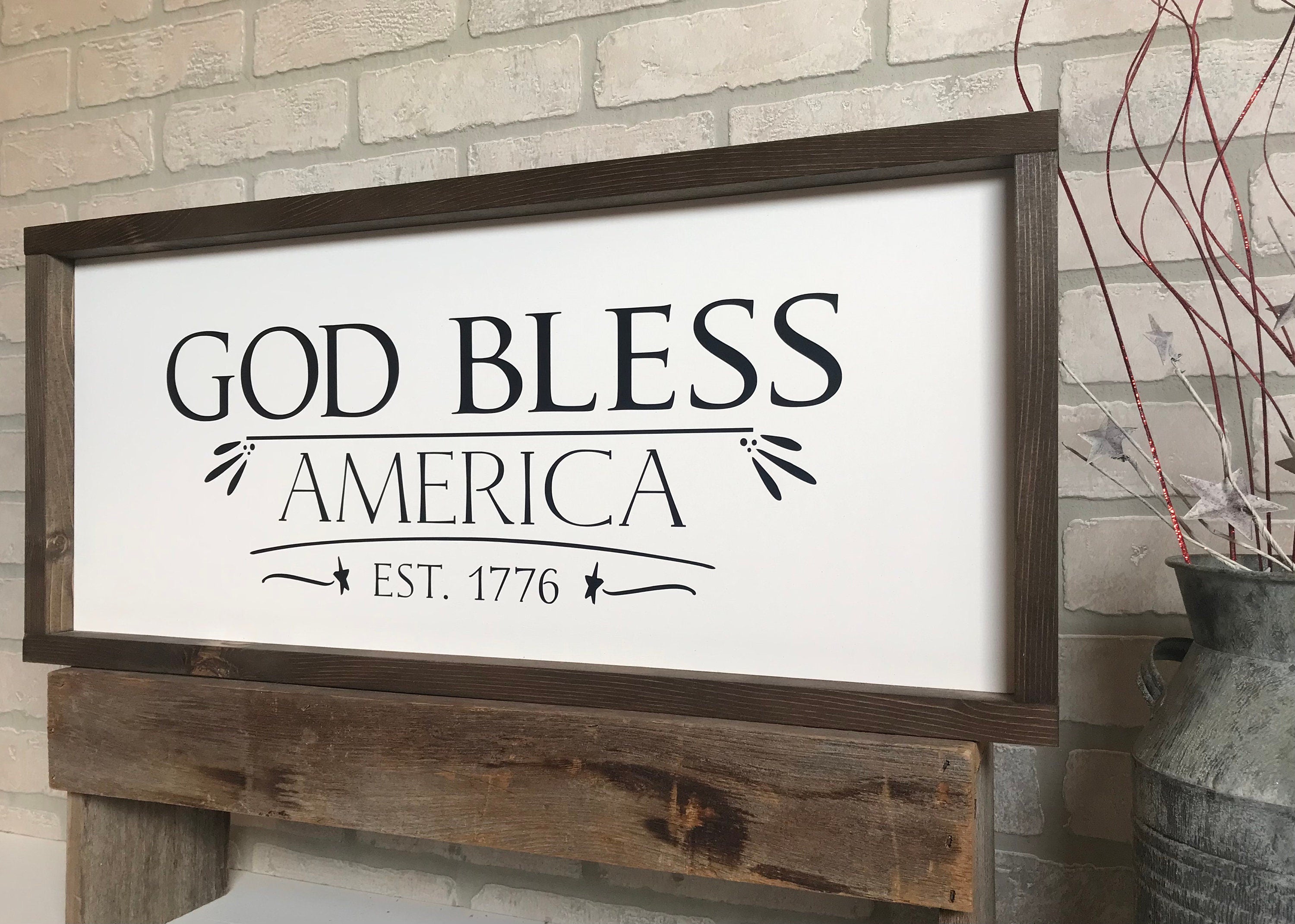 God Bless America, wooden framed patriotic wall sign, shiplap style modern farmhouse sign, americana wall art