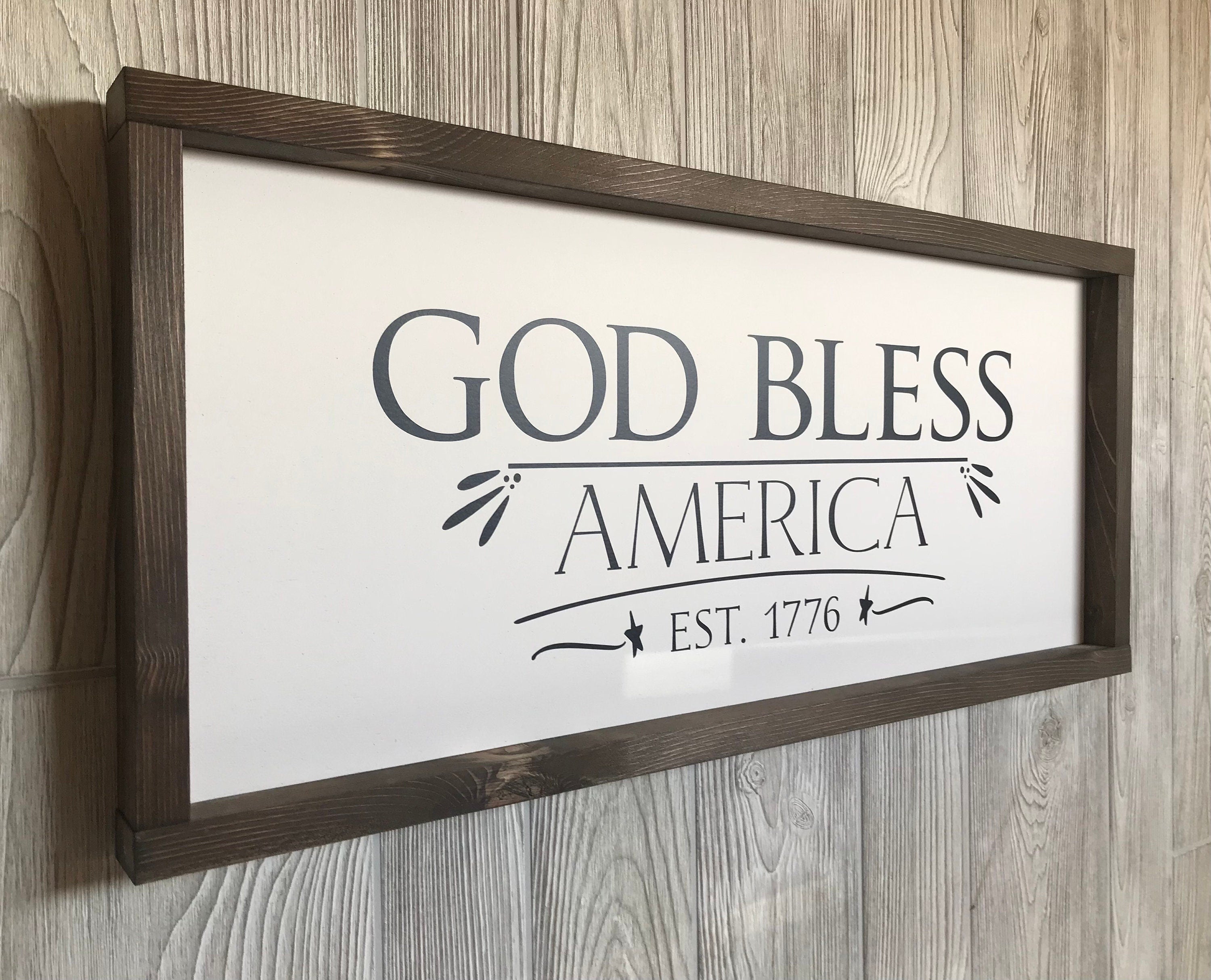 God Bless America, wooden framed patriotic wall sign, shiplap style modern farmhouse sign, americana wall art