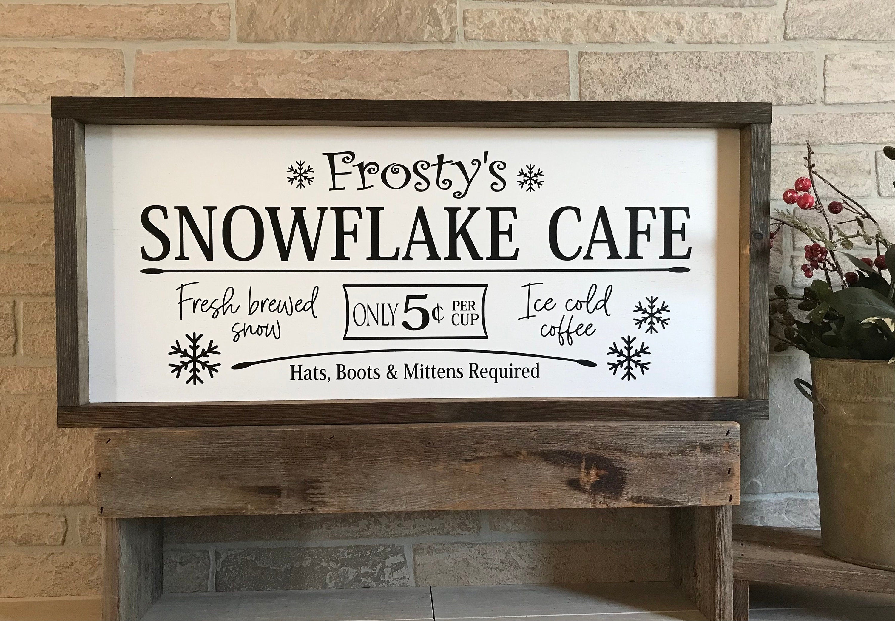 Frosty's Snowflake Cafe, winter farmhouse sign, holiday wood sign, vintage decor