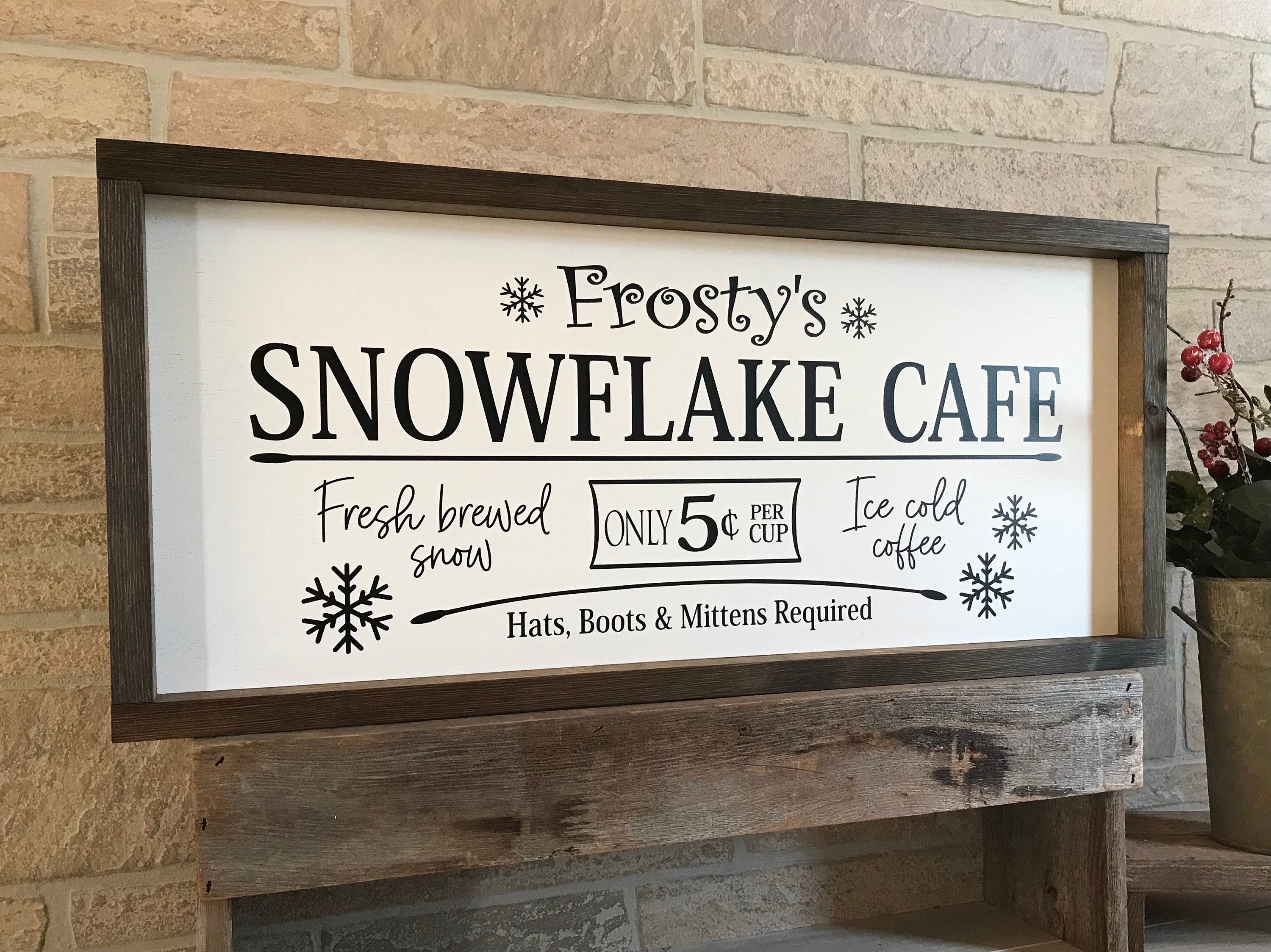Frosty's Snowflake Cafe, winter farmhouse sign, holiday wood sign, vintage decor