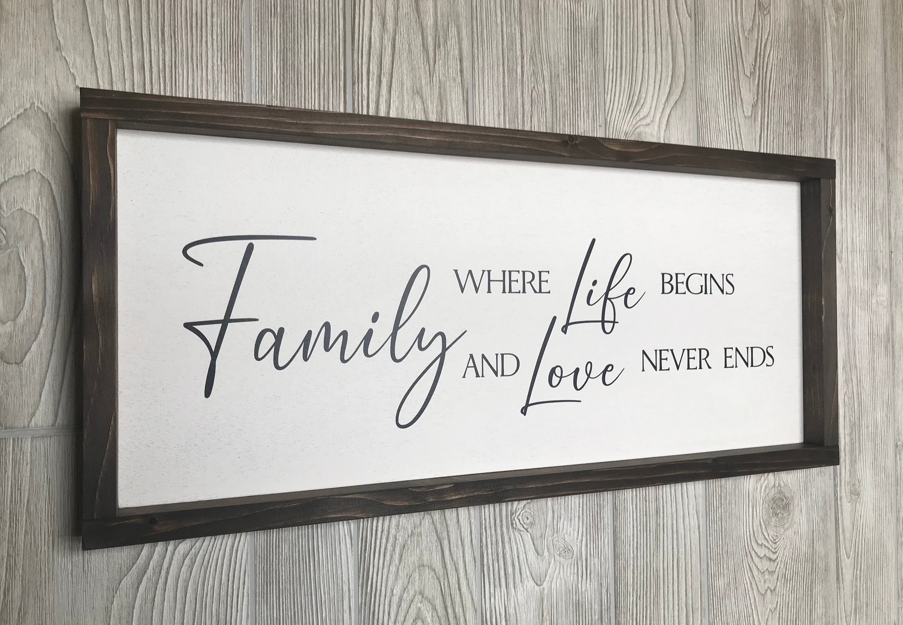 Family where life begins and love never ends, wall art, modern farmhouse sign, framed wooden sign, home decor