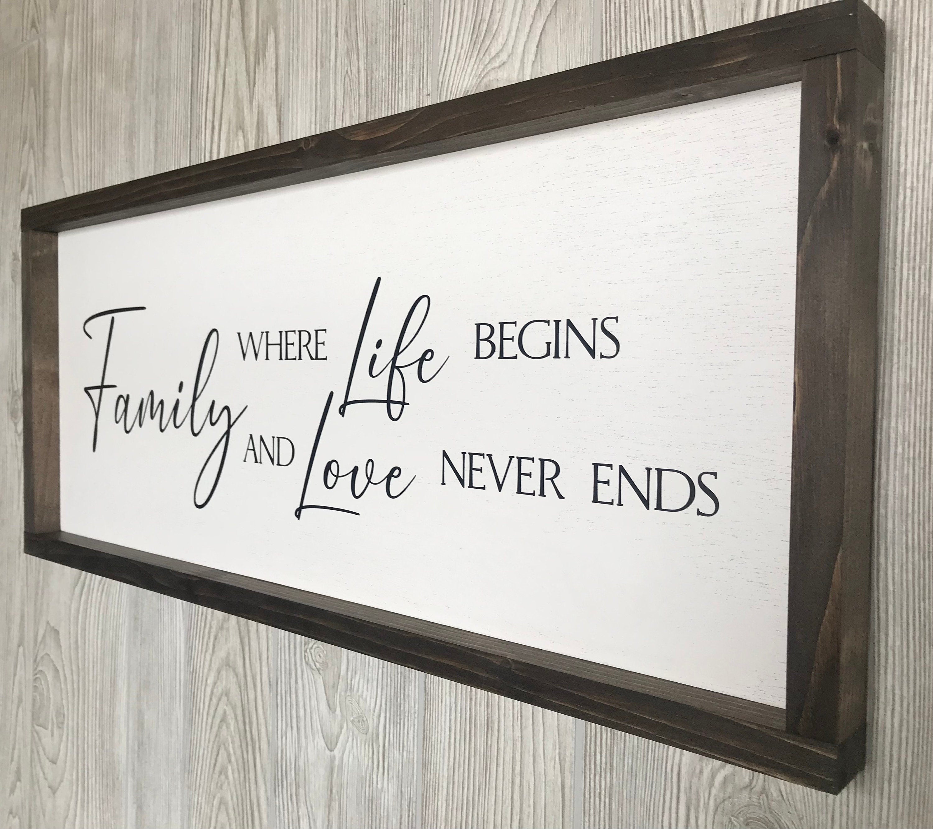 Family where life begins and love never ends, wall art, modern farmhouse sign, framed wooden sign, home decor