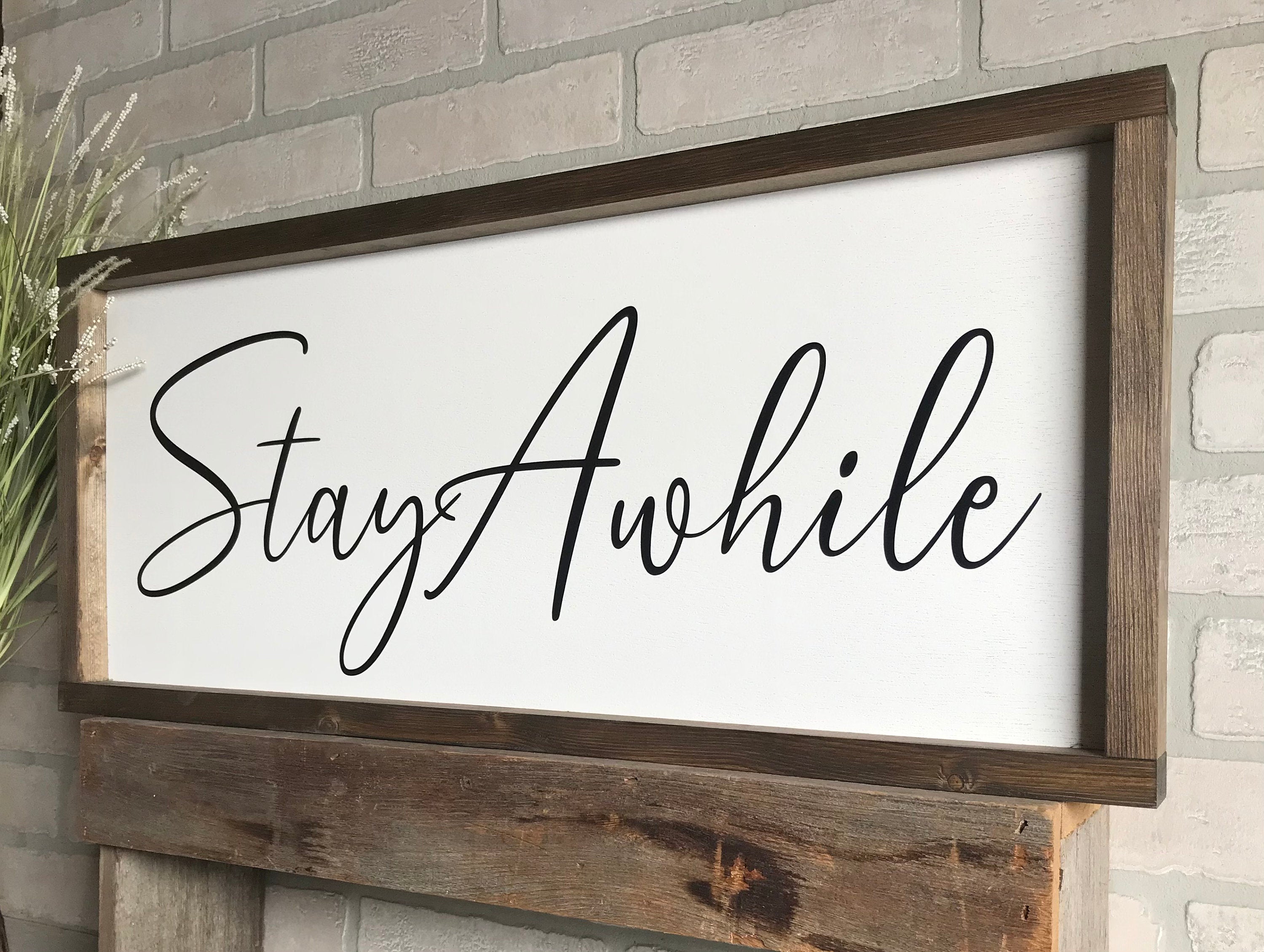 stay awhile, modern farmhouse sign, wall art, framed wooden picture