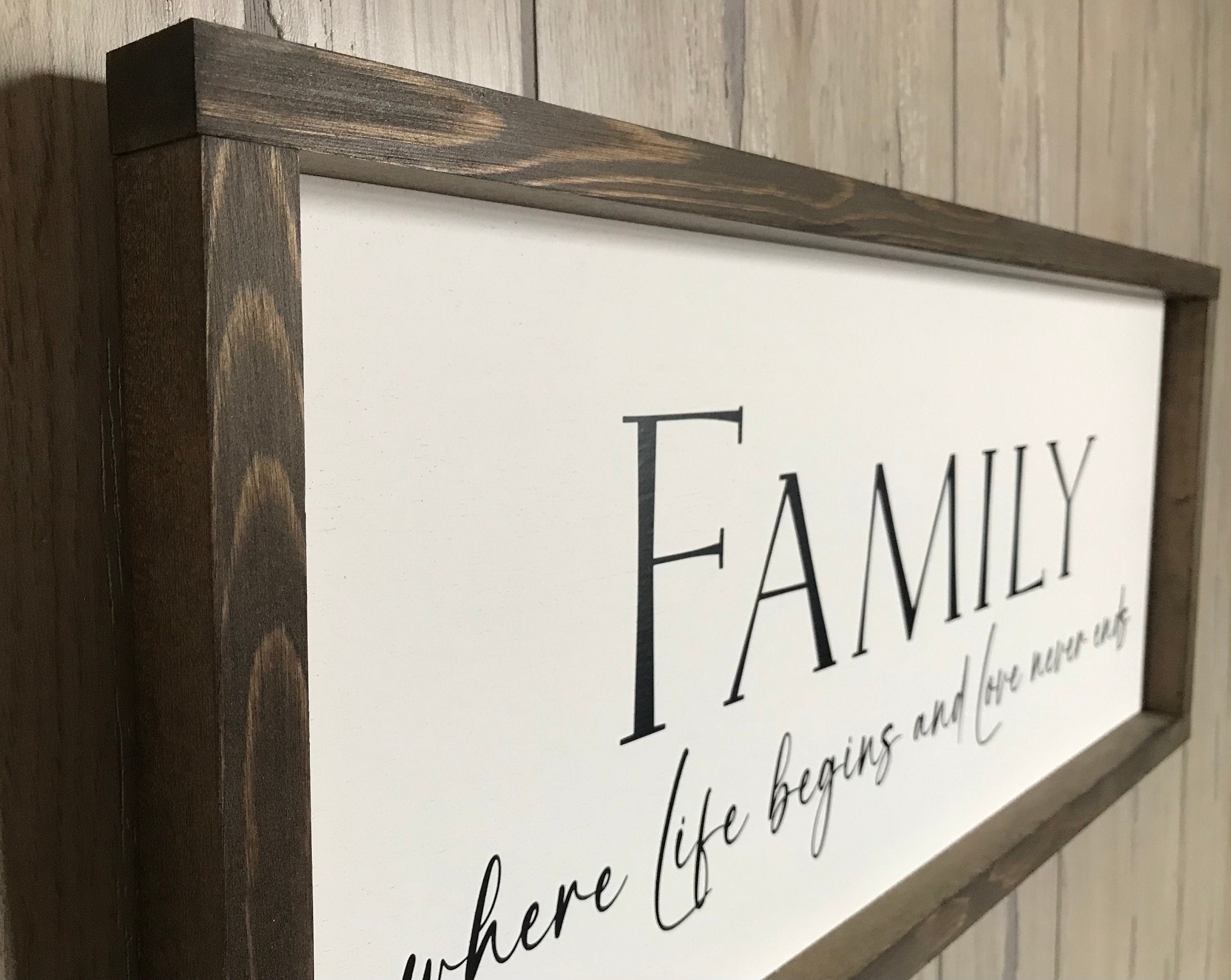 family where life begins and love never ends, wall art, modern farmhouse sign, framed wooden sign, home decor, gift