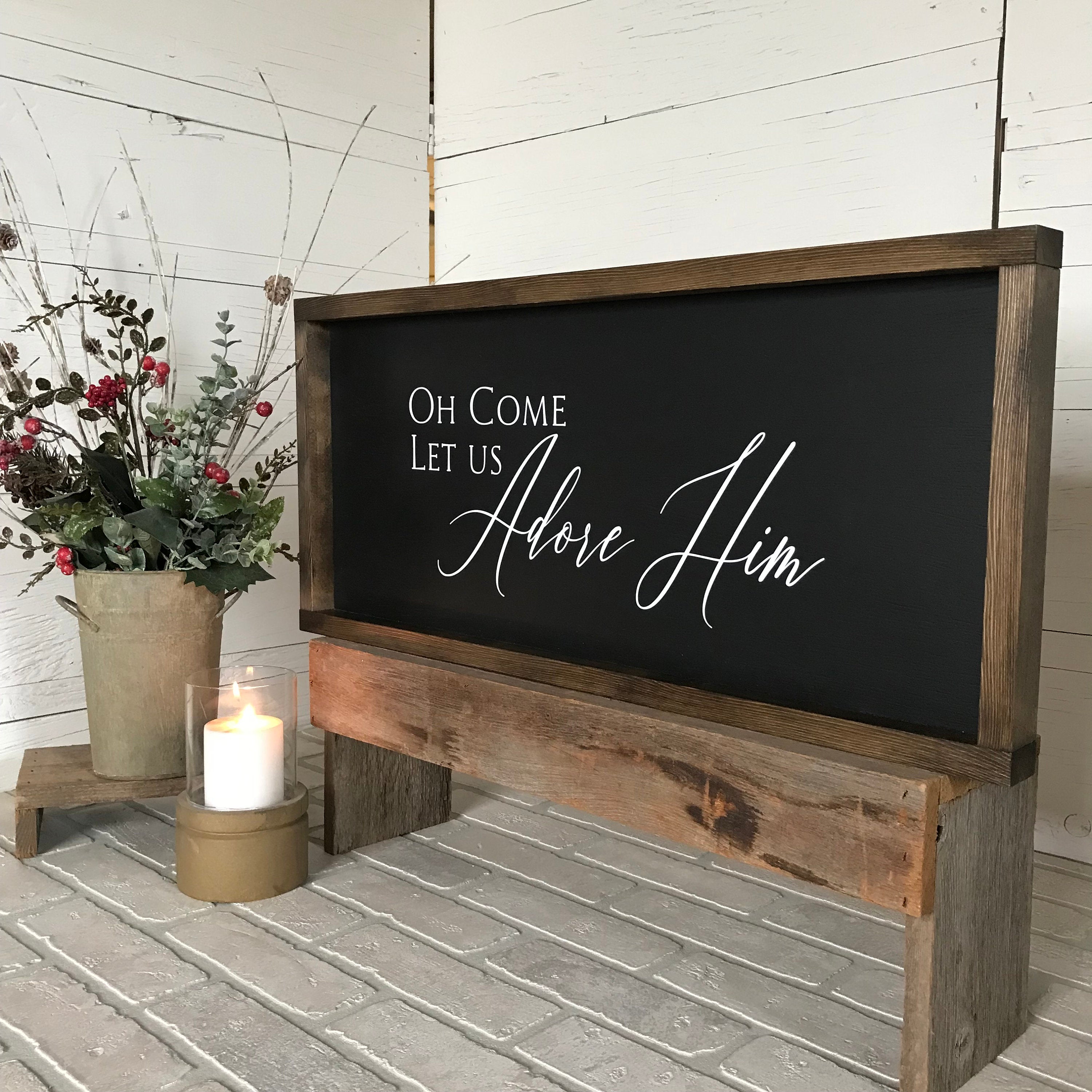 Oh Come Let Us Adore Him, farmhouse sign, wood signs, home decor, winter framed country wood sign, Christmas decor