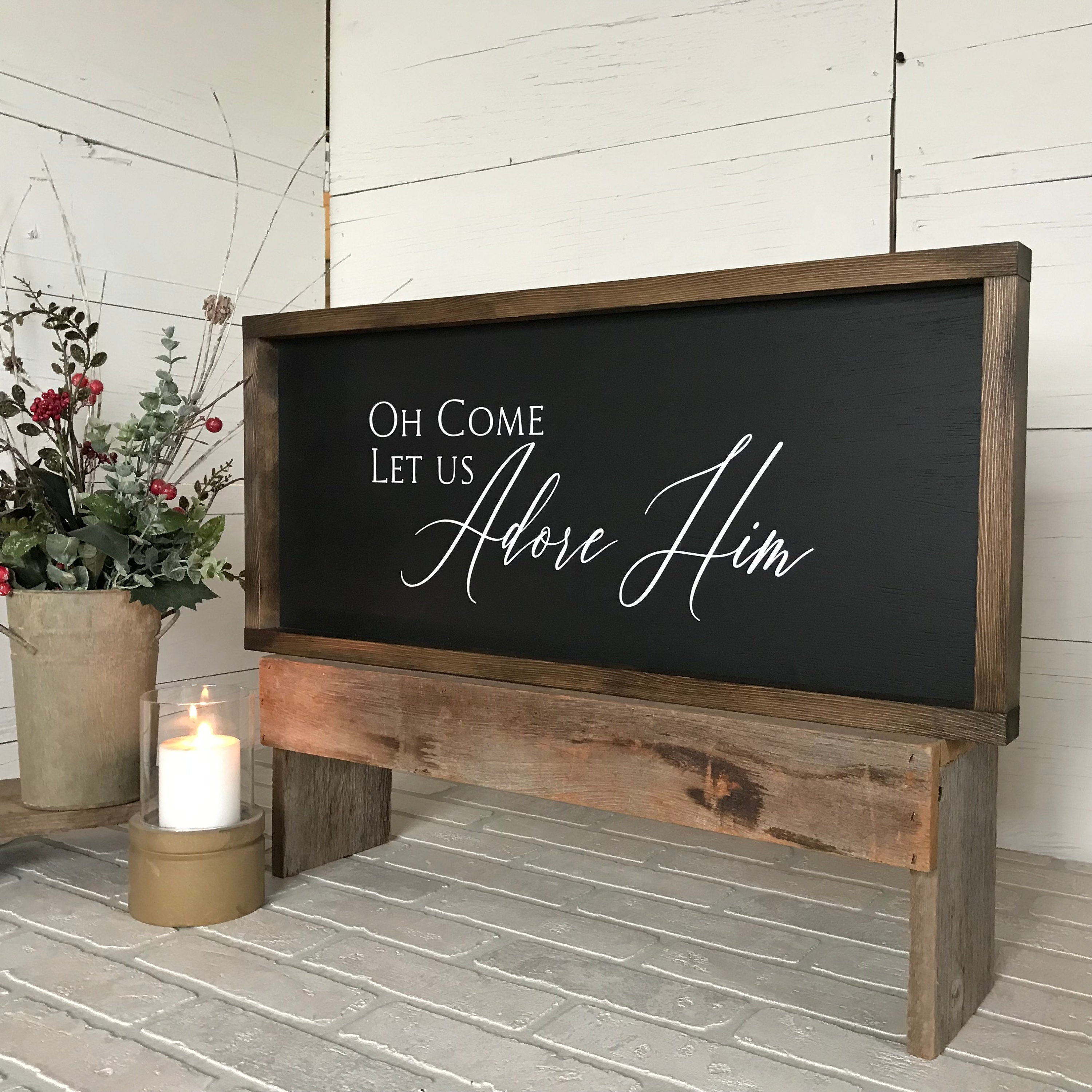 Oh Come Let Us Adore Him, farmhouse sign, wood signs, home decor, winter framed country wood sign, Christmas decor