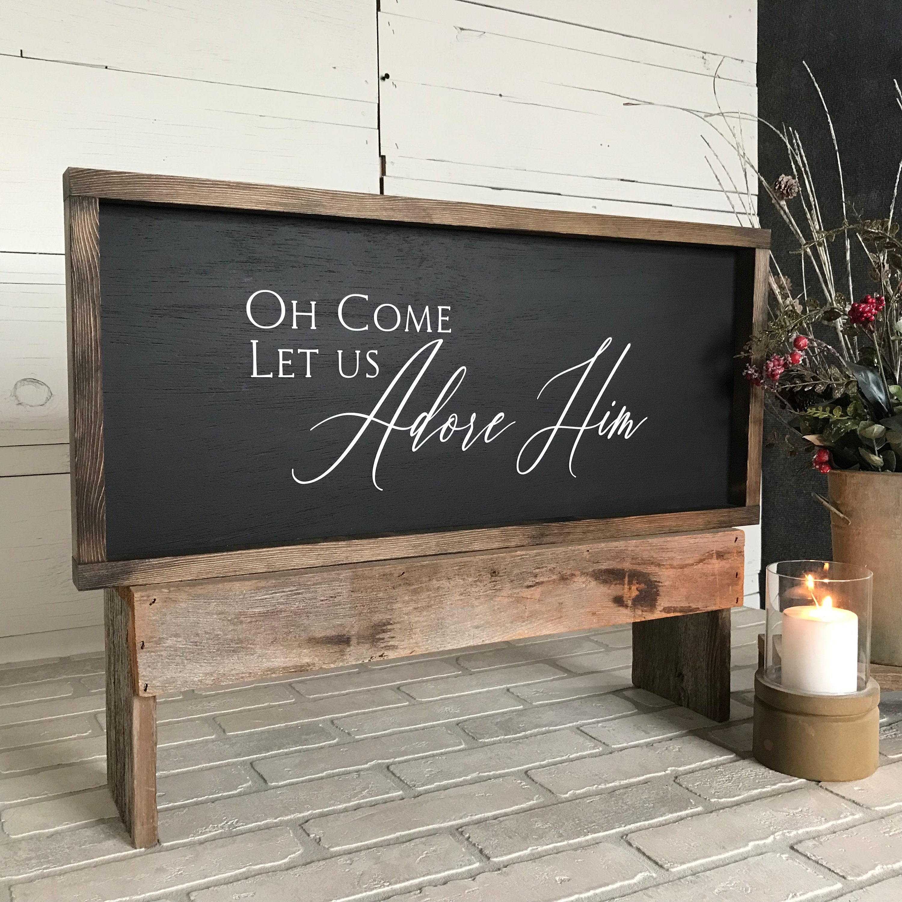 Oh Come Let Us Adore Him, farmhouse sign, wood signs, home decor, winter framed country wood sign, Christmas decor