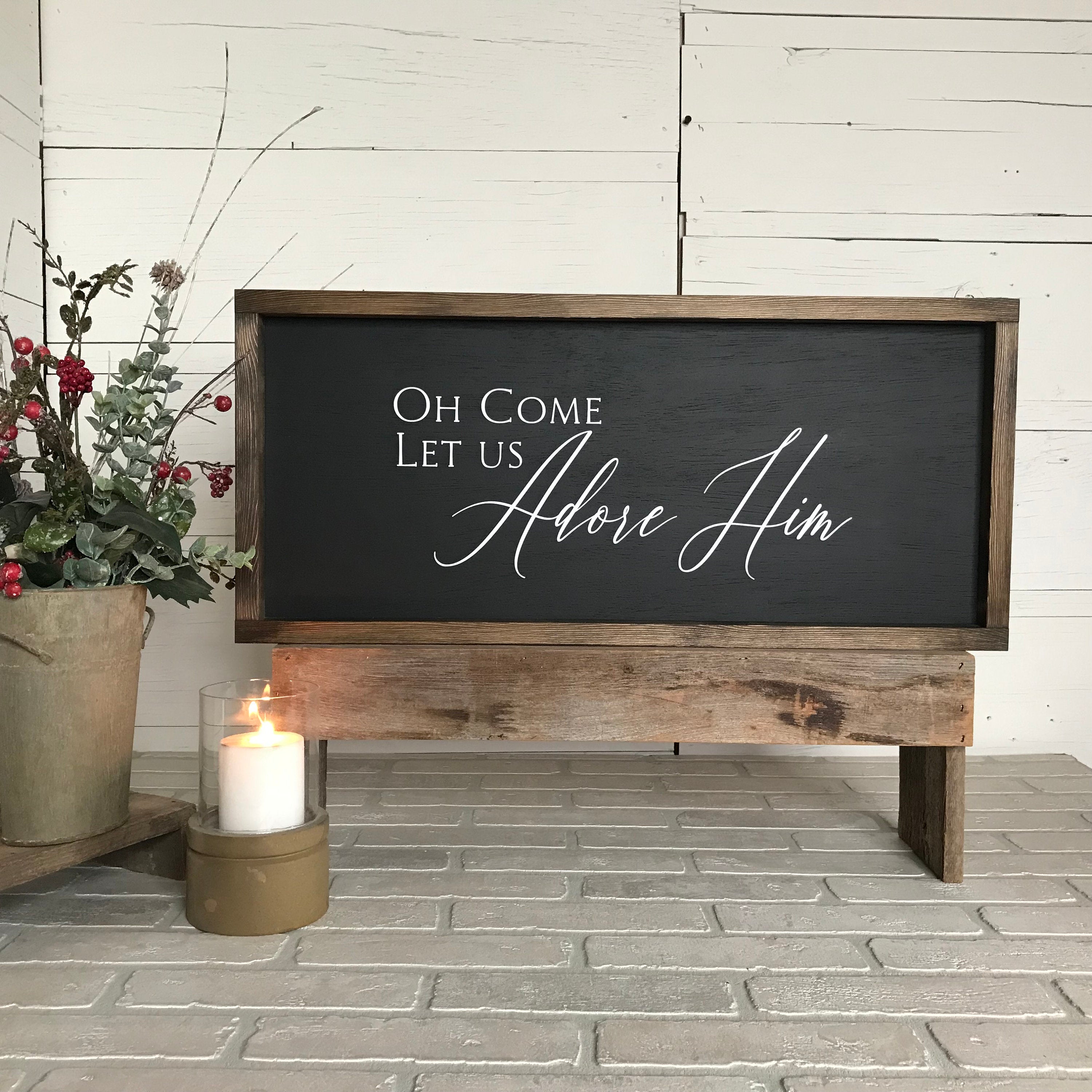 Oh Come Let Us Adore Him, farmhouse sign, wood signs, home decor, winter framed country wood sign, Christmas decor