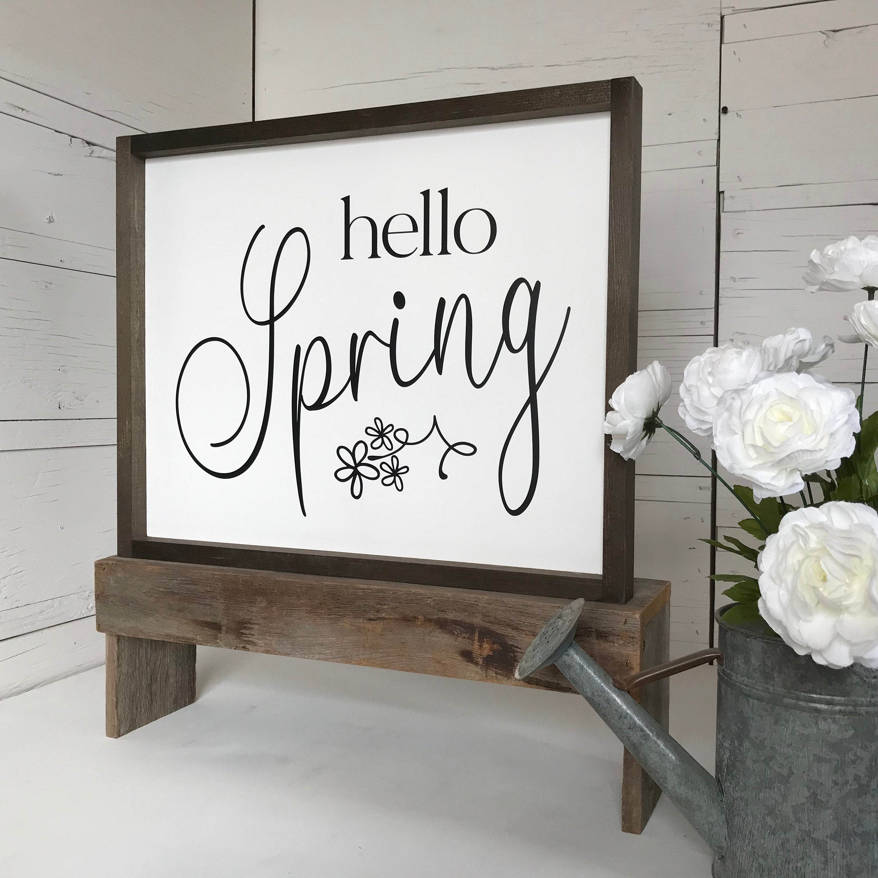 Hello Spring framed wooden farmhouse sign for your seasonal decor or living room