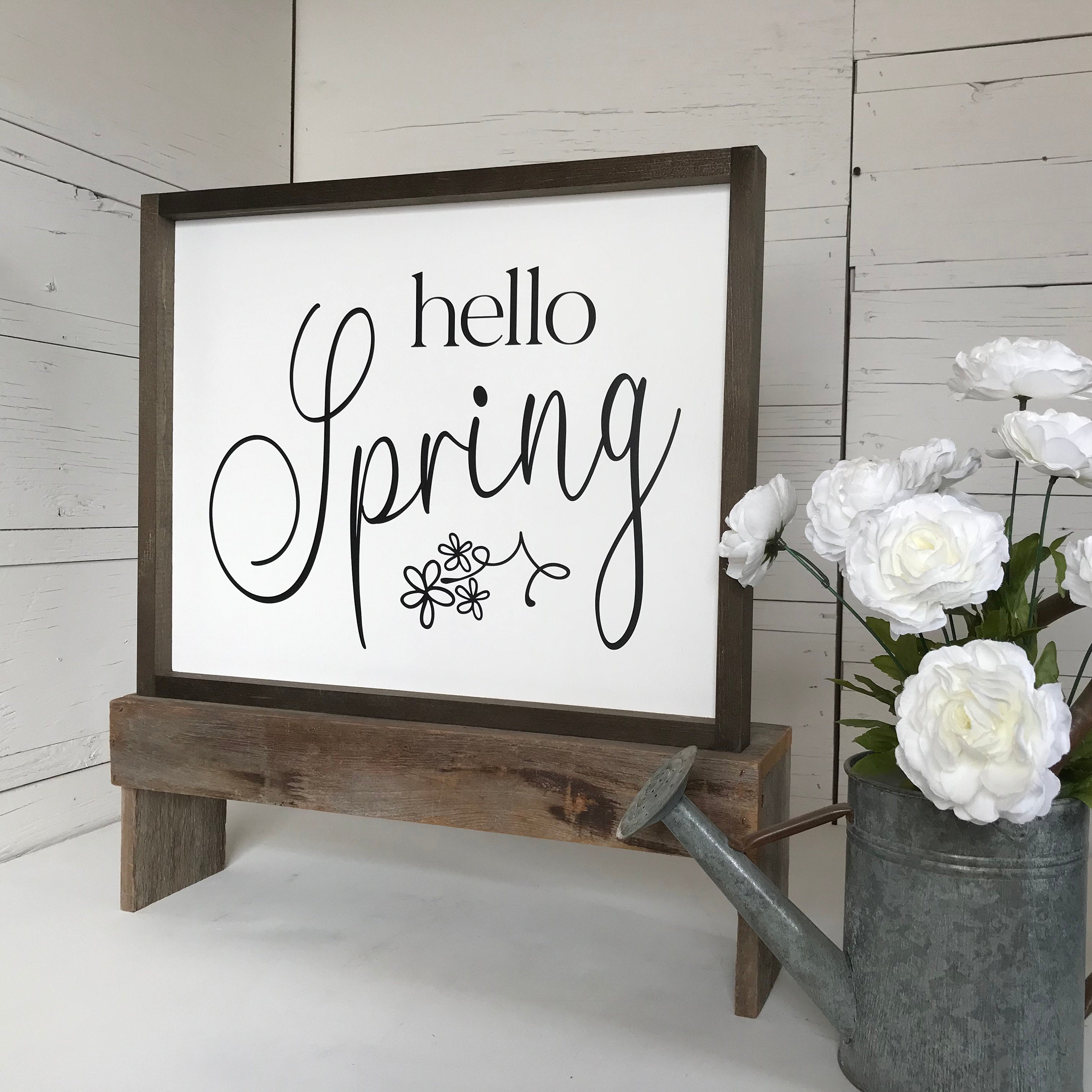 Hello Spring framed wooden farmhouse sign for your seasonal decor or living room