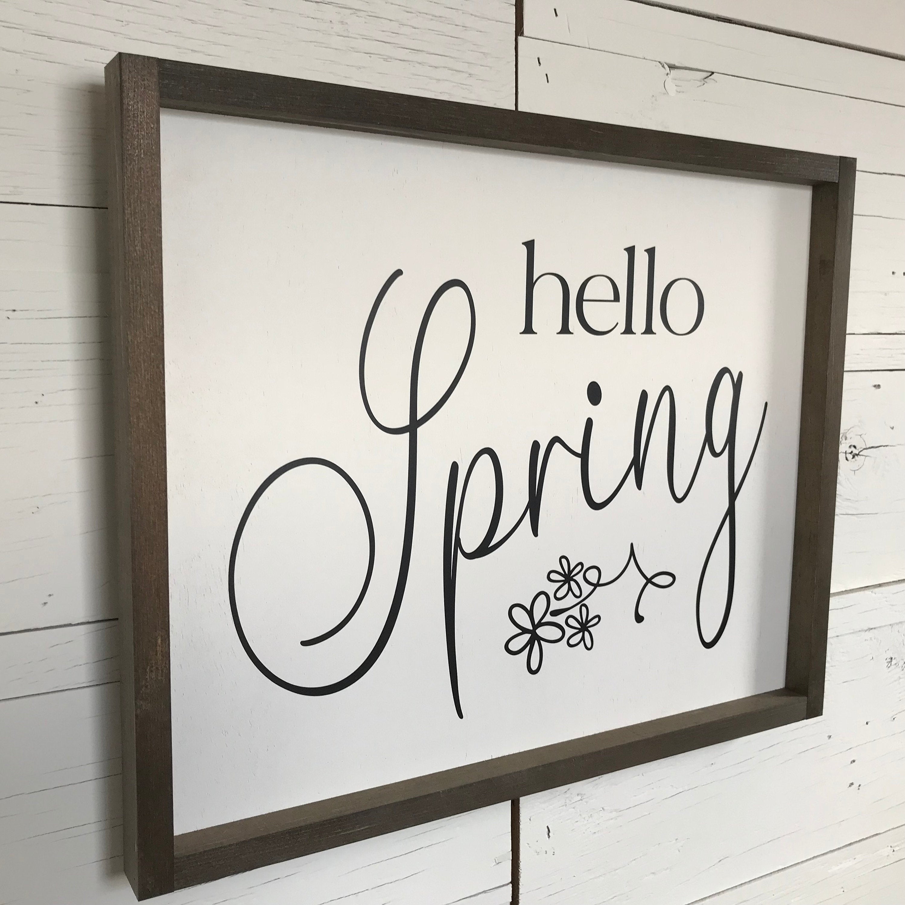 Hello Spring framed wooden farmhouse sign for your seasonal decor or living room