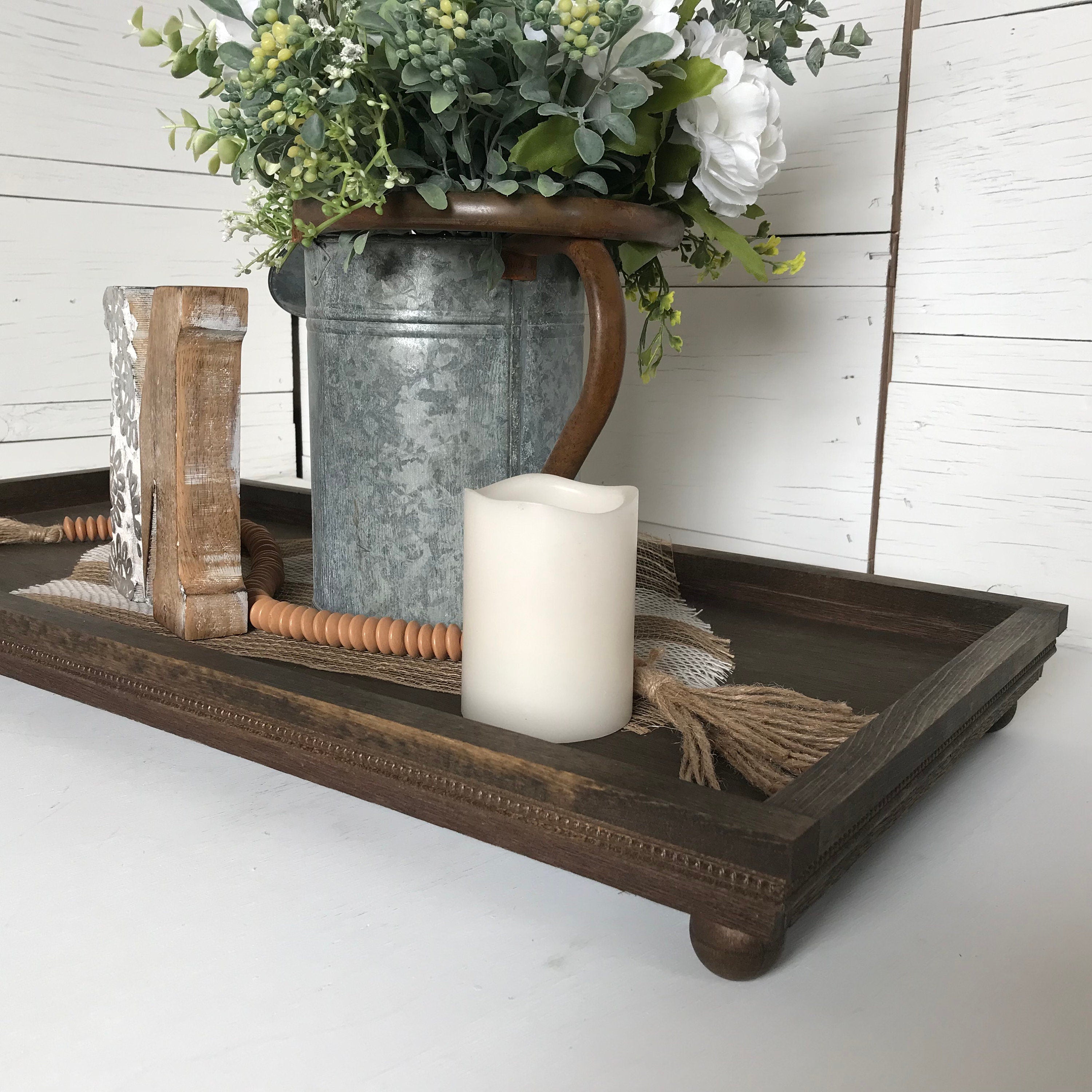 Handmade wooden wide shallow decorative centerpiece tray
