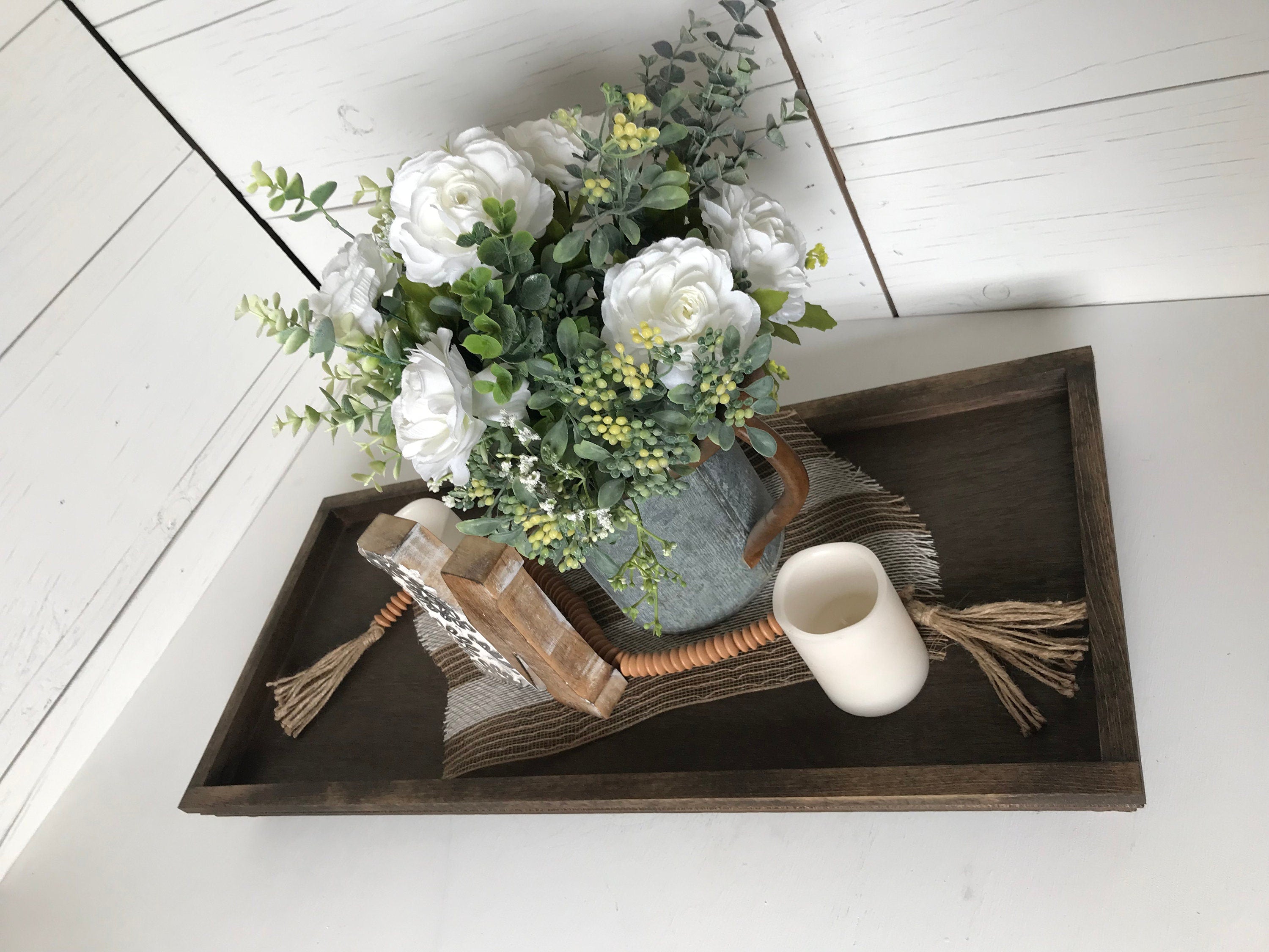 Handmade wooden wide shallow decorative centerpiece tray
