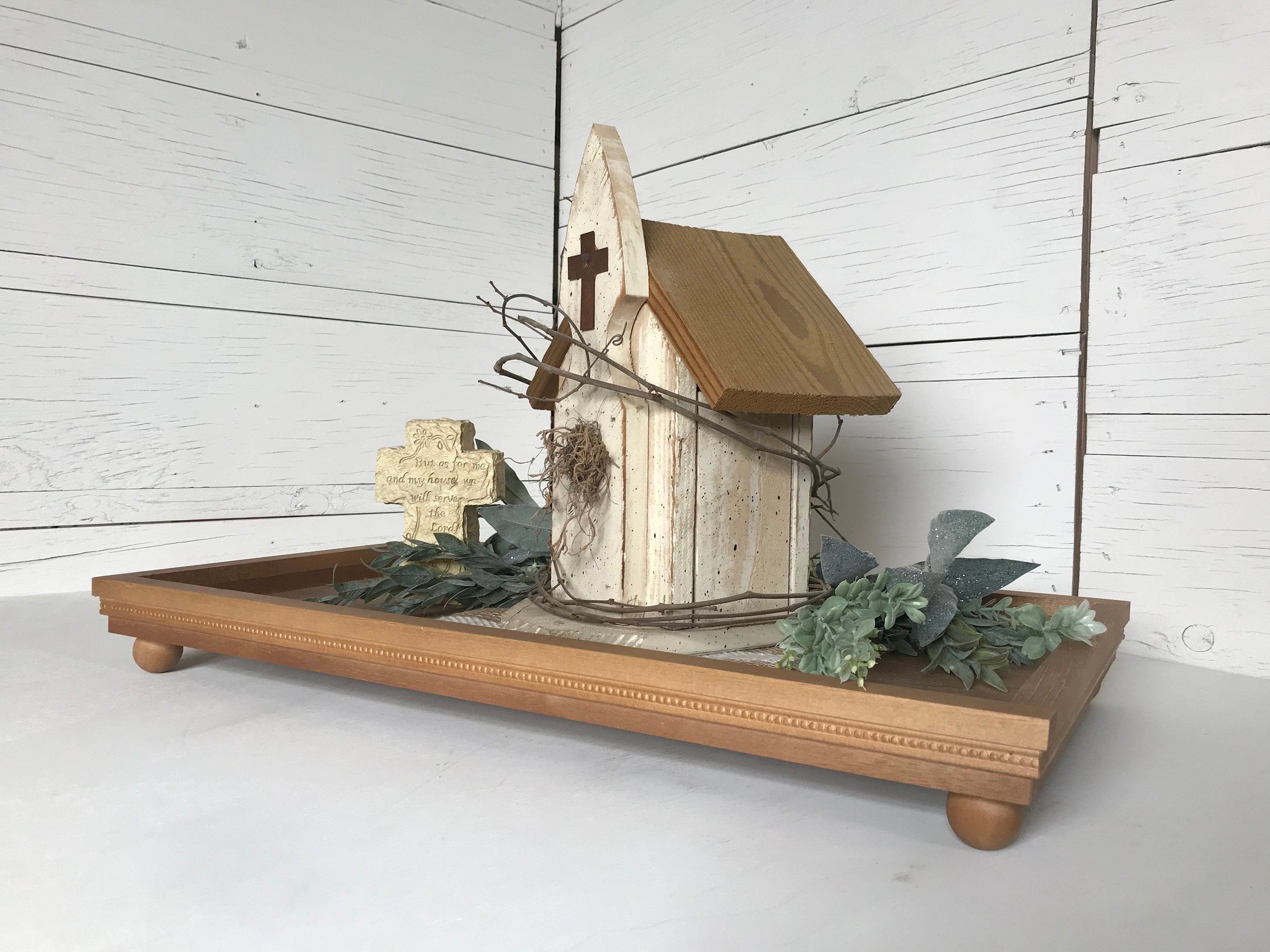 Handmade wooden wide shallow decorative centerpiece tray