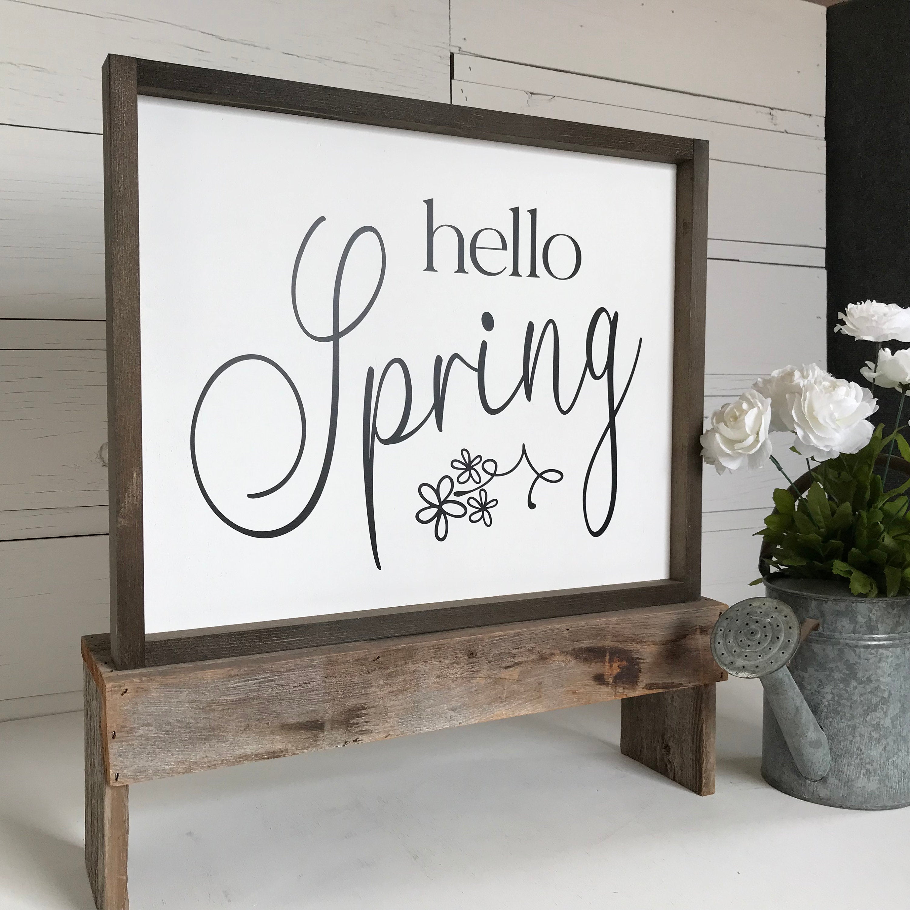 Hello Spring framed wooden farmhouse sign for your seasonal decor or living room