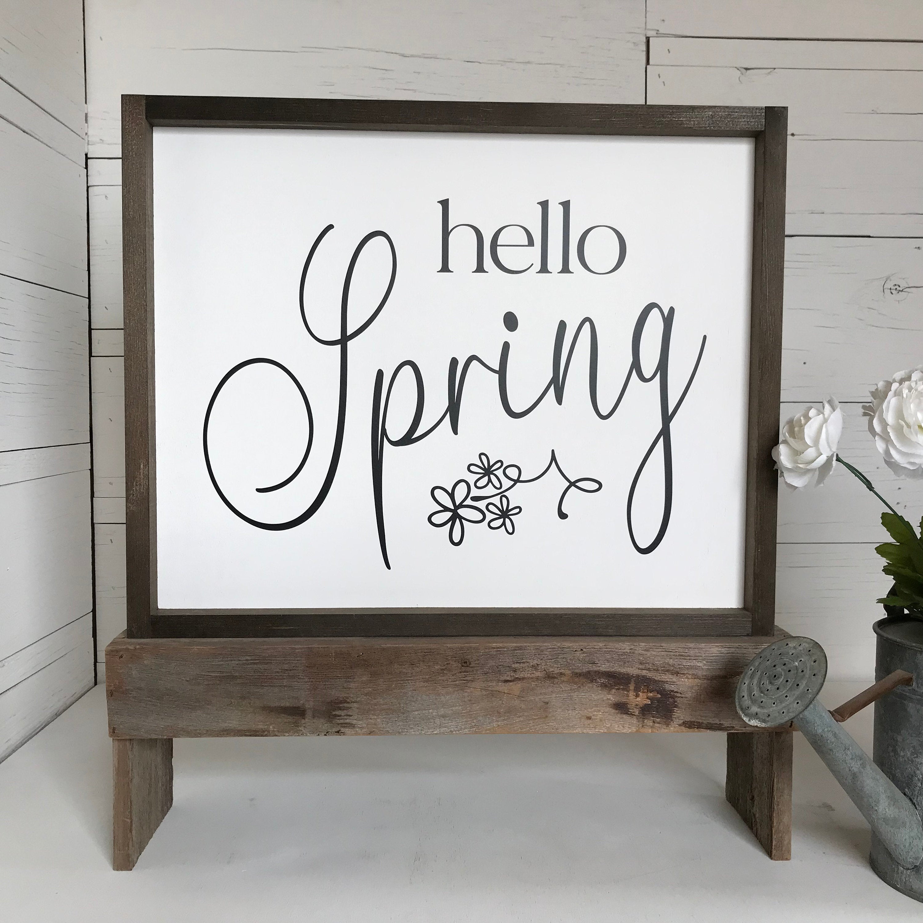 Hello Spring framed wooden farmhouse sign for your seasonal decor or living room
