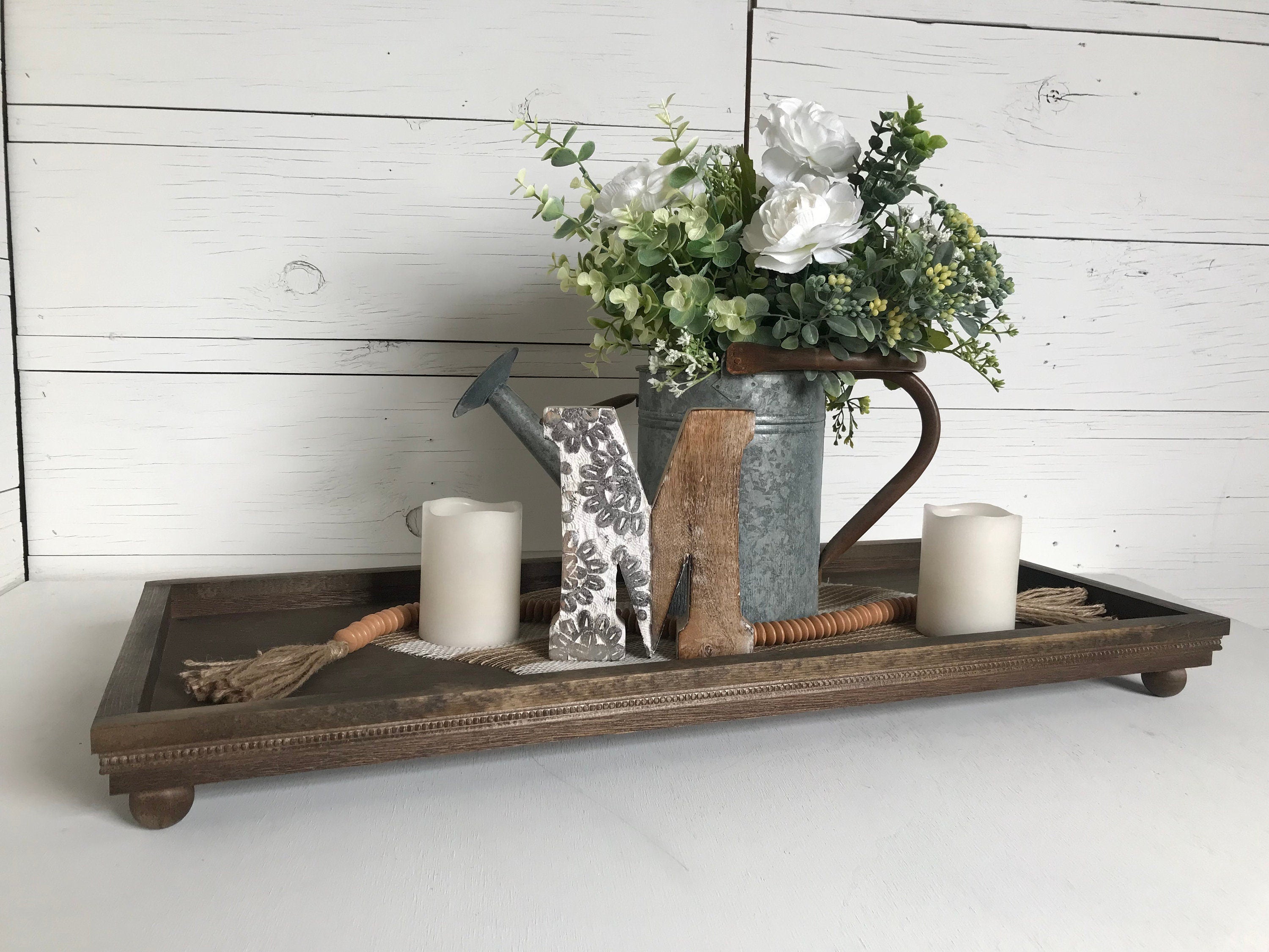 Handmade wooden wide shallow decorative centerpiece tray