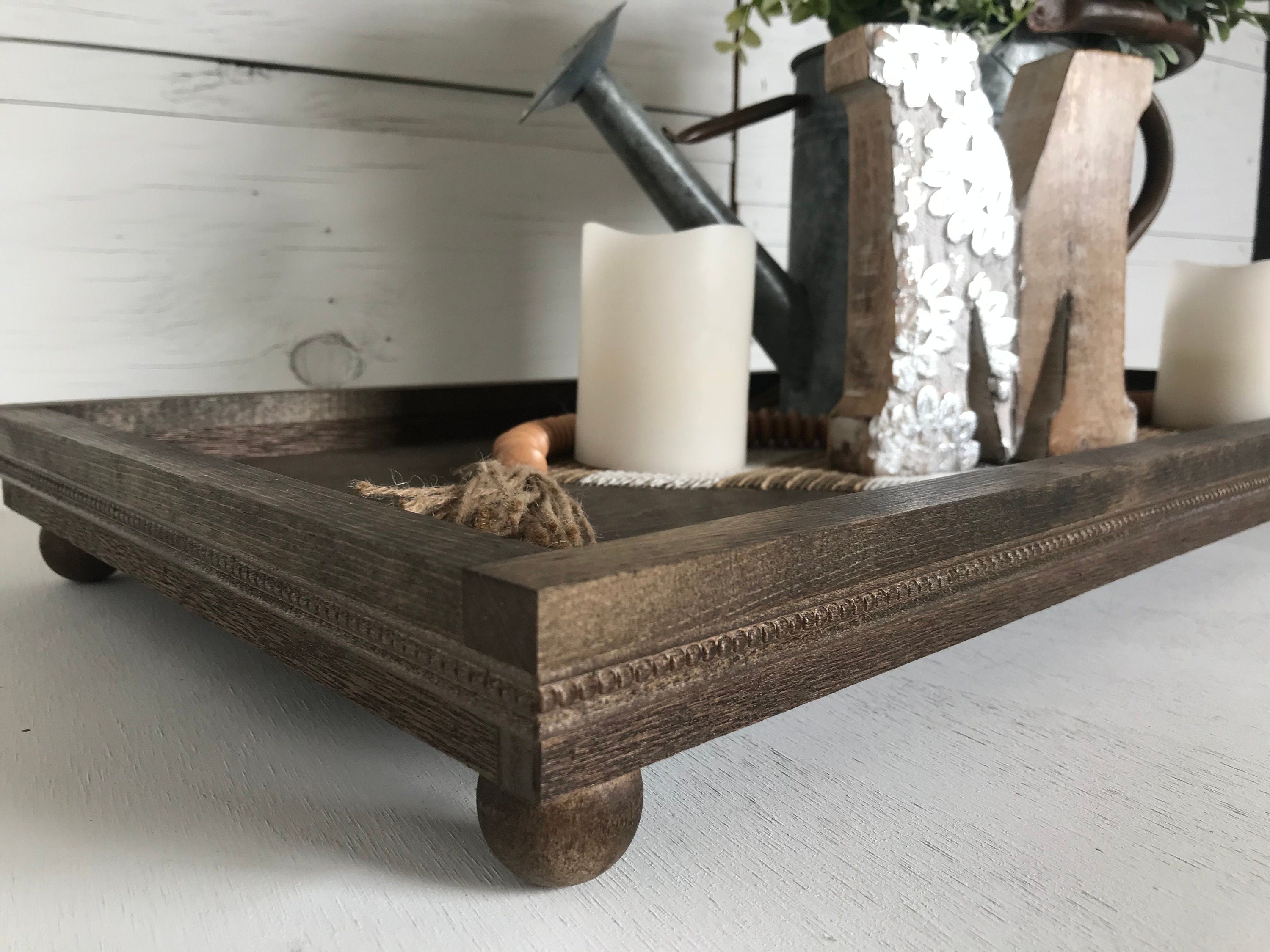 Handmade wooden wide shallow decorative centerpiece tray