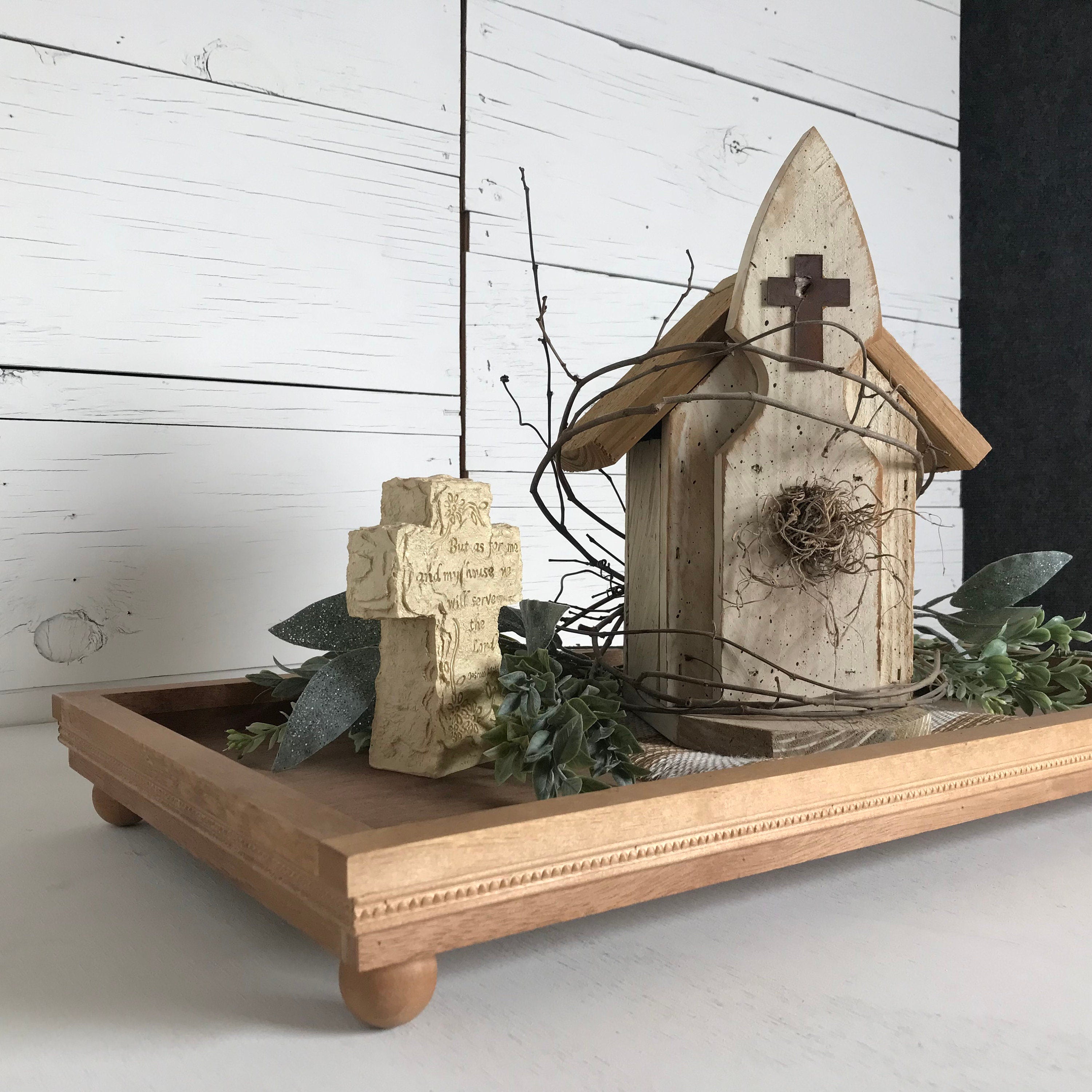 Handmade wooden wide shallow decorative centerpiece tray