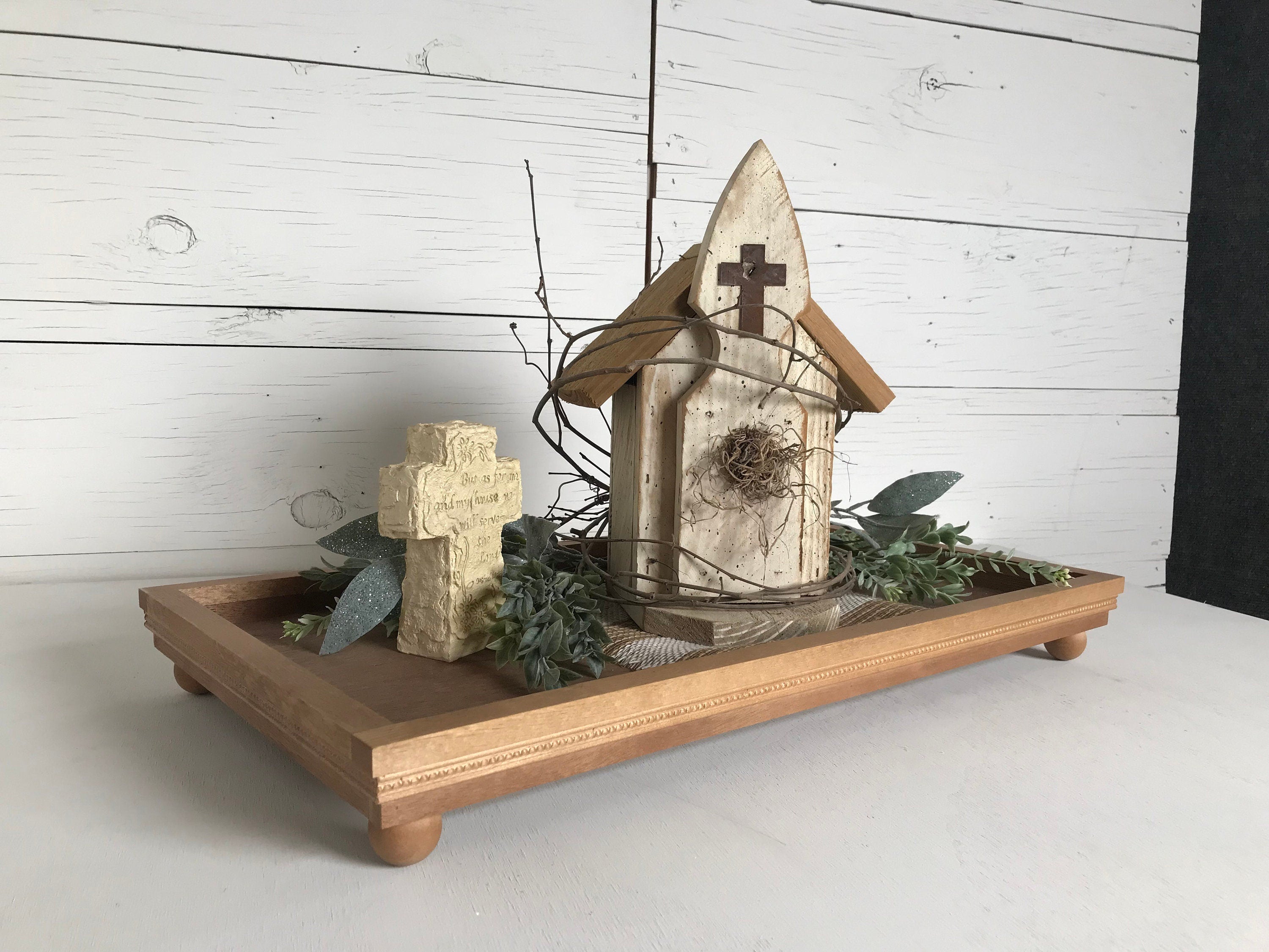 Handmade wooden wide shallow decorative centerpiece tray