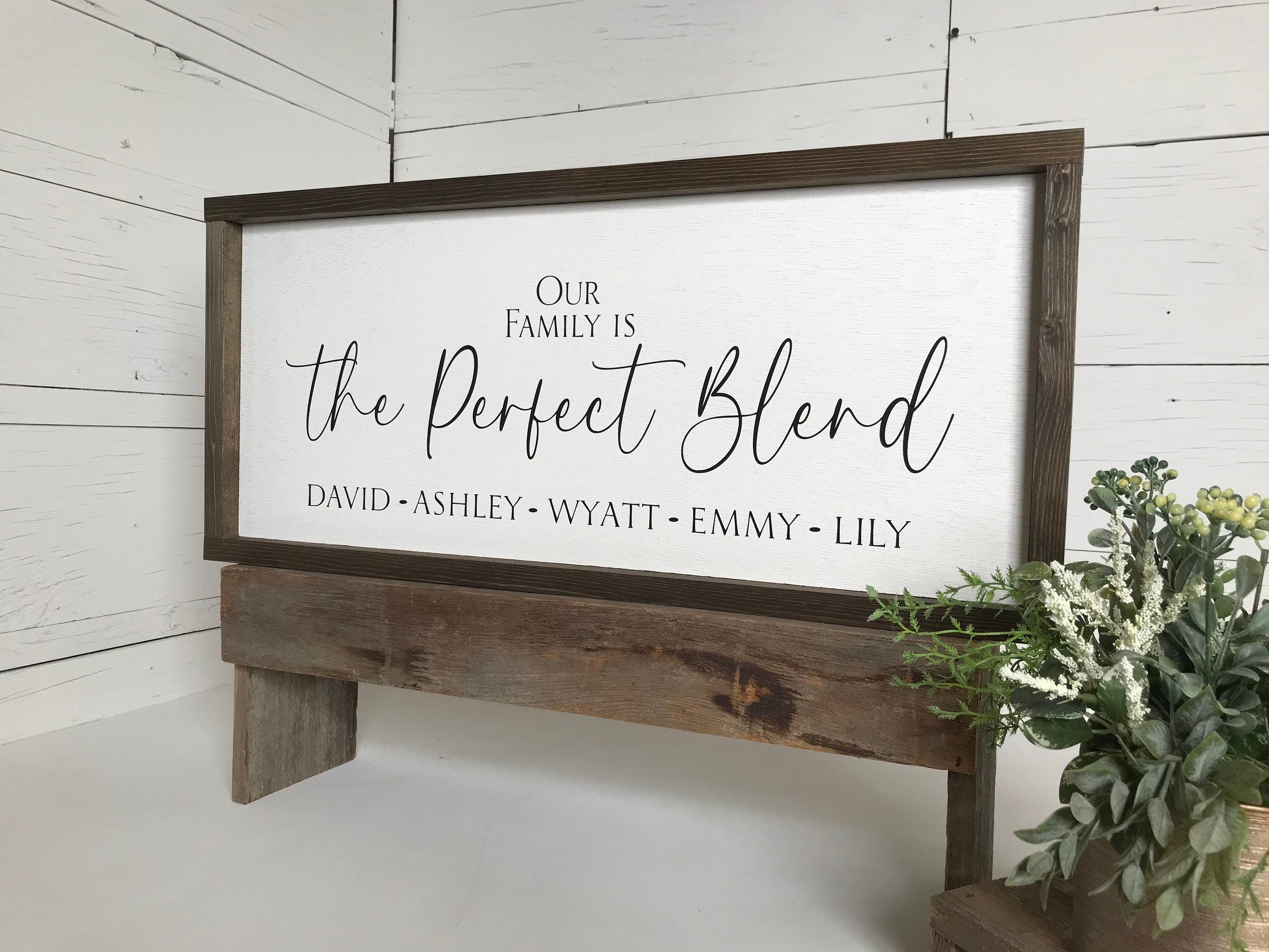 Our family is the perfect blend framed wooden sign, personalized gift idea for wedding, anniversary, birthday or house warming