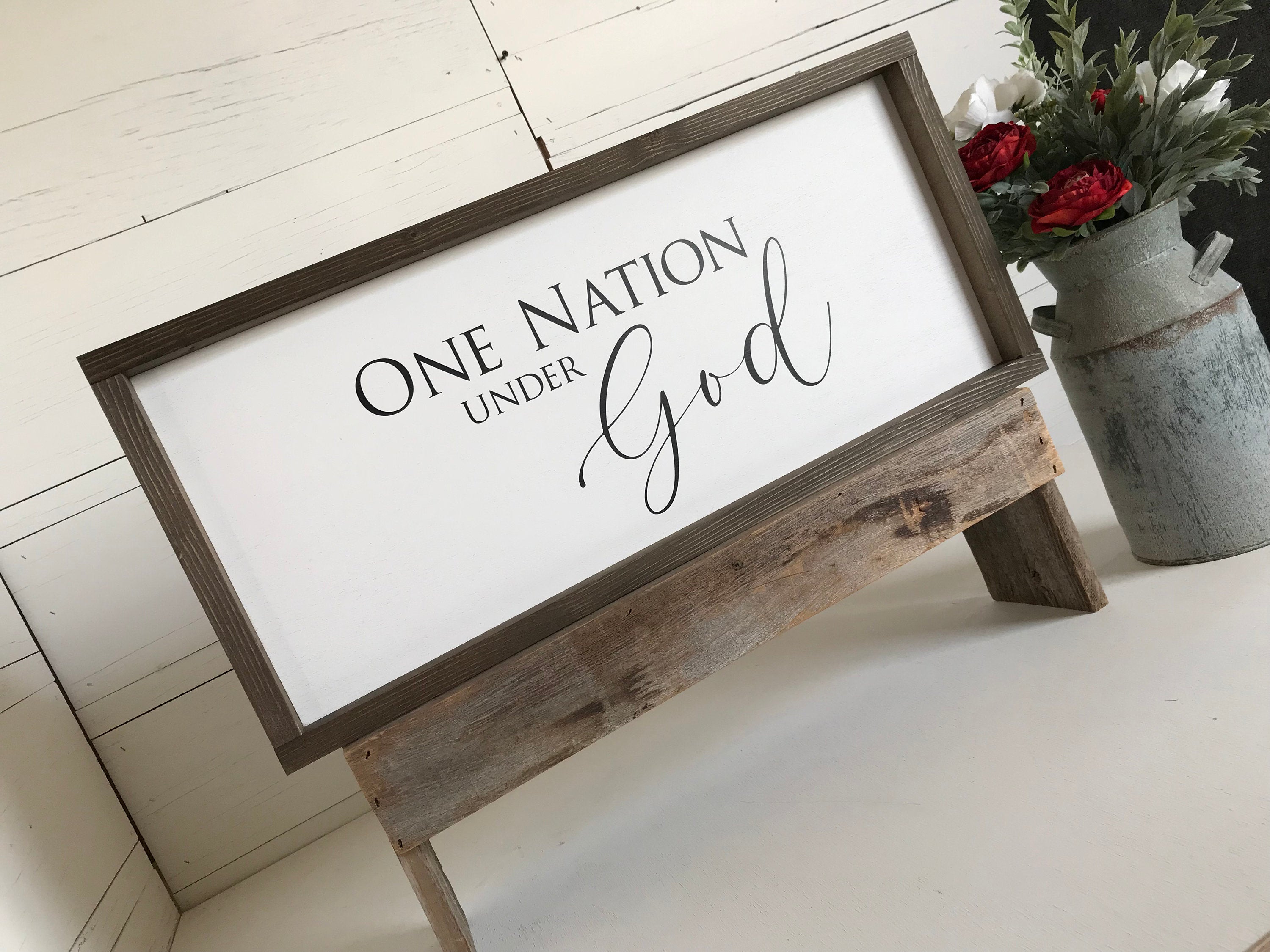 One Nation Under God wooden patriotic farmhouse sign for Americana wall decor