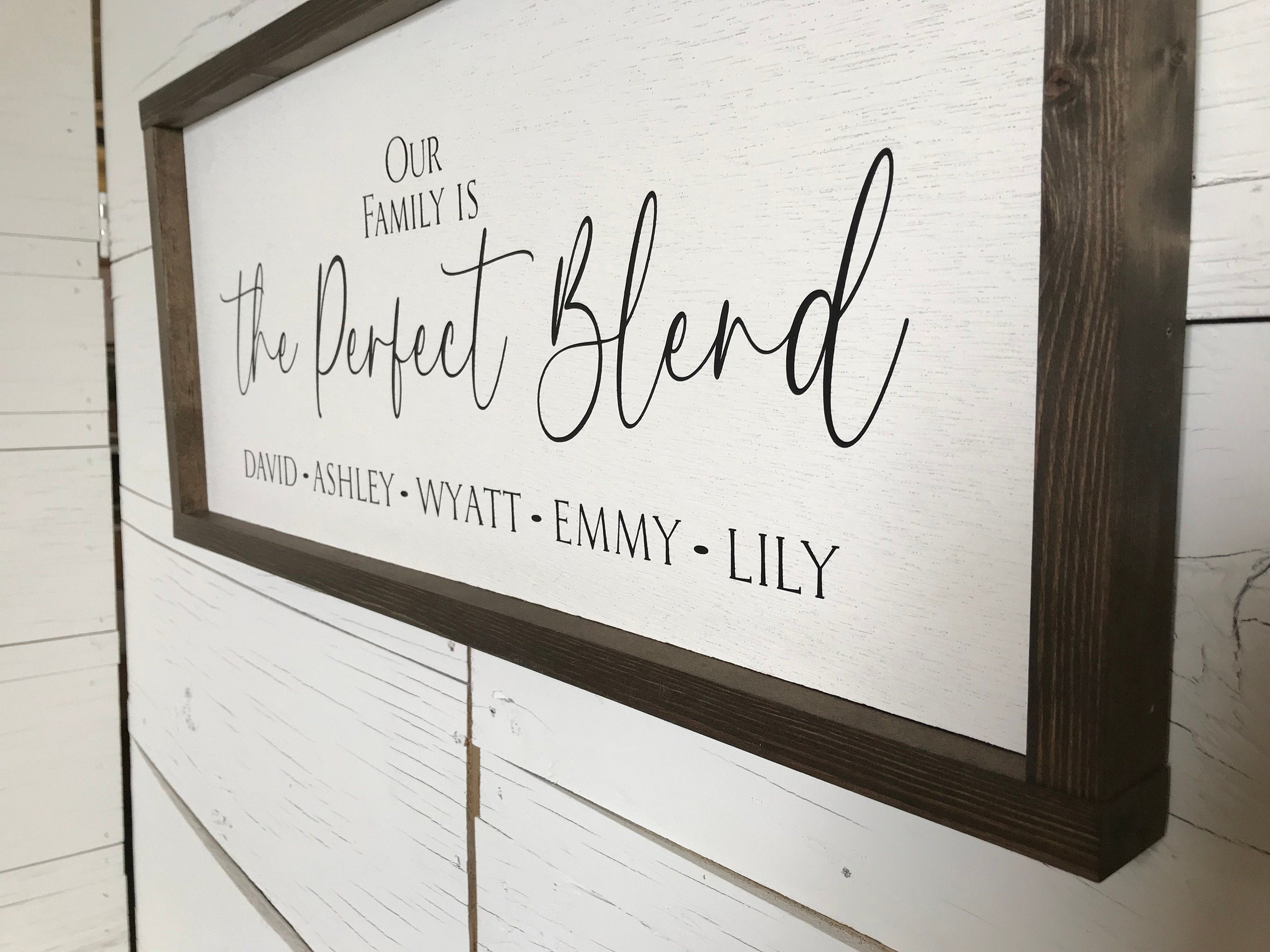 Our family is the perfect blend framed wooden sign, personalized gift idea for wedding, anniversary, birthday or house warming