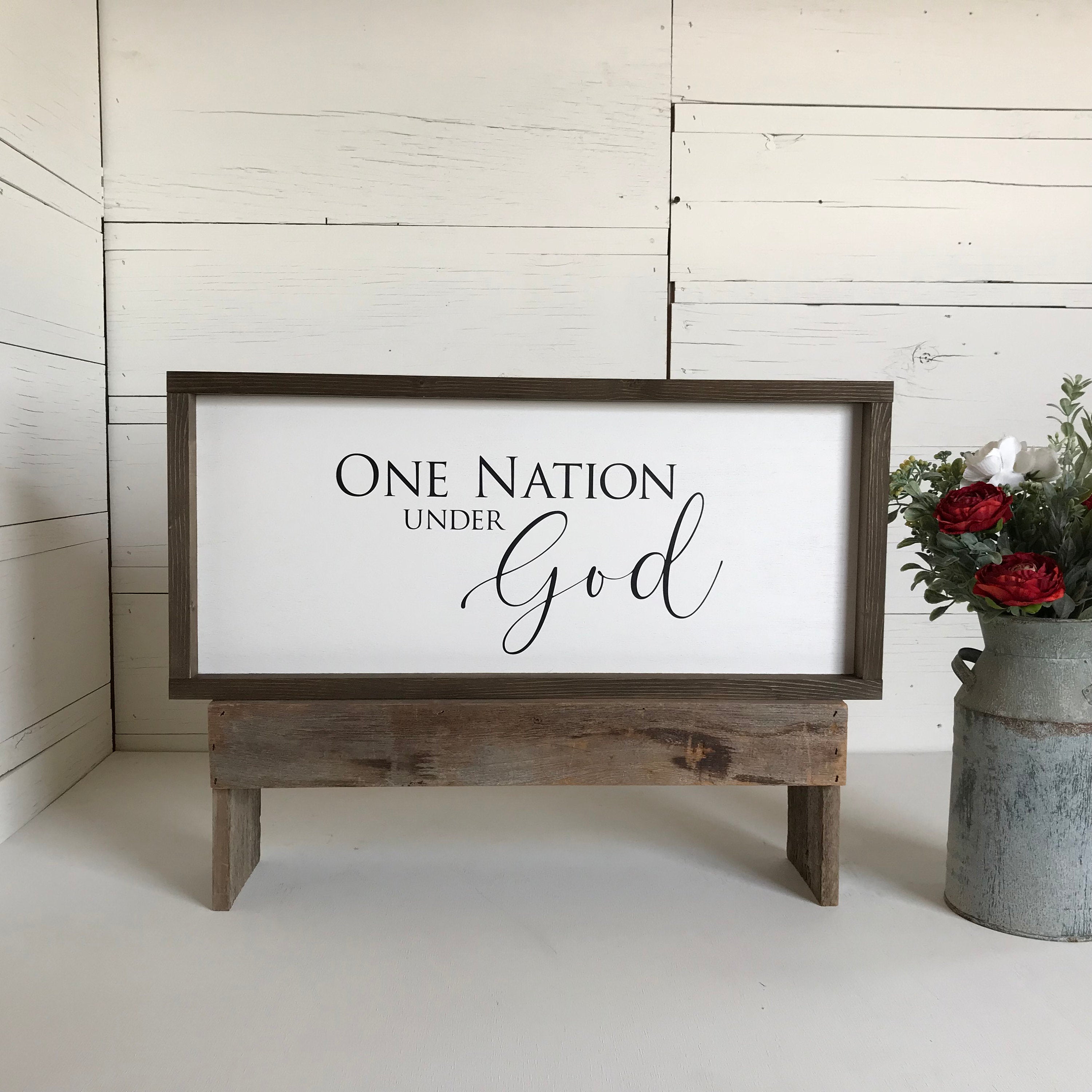 One Nation Under God wooden patriotic farmhouse sign for Americana wall decor