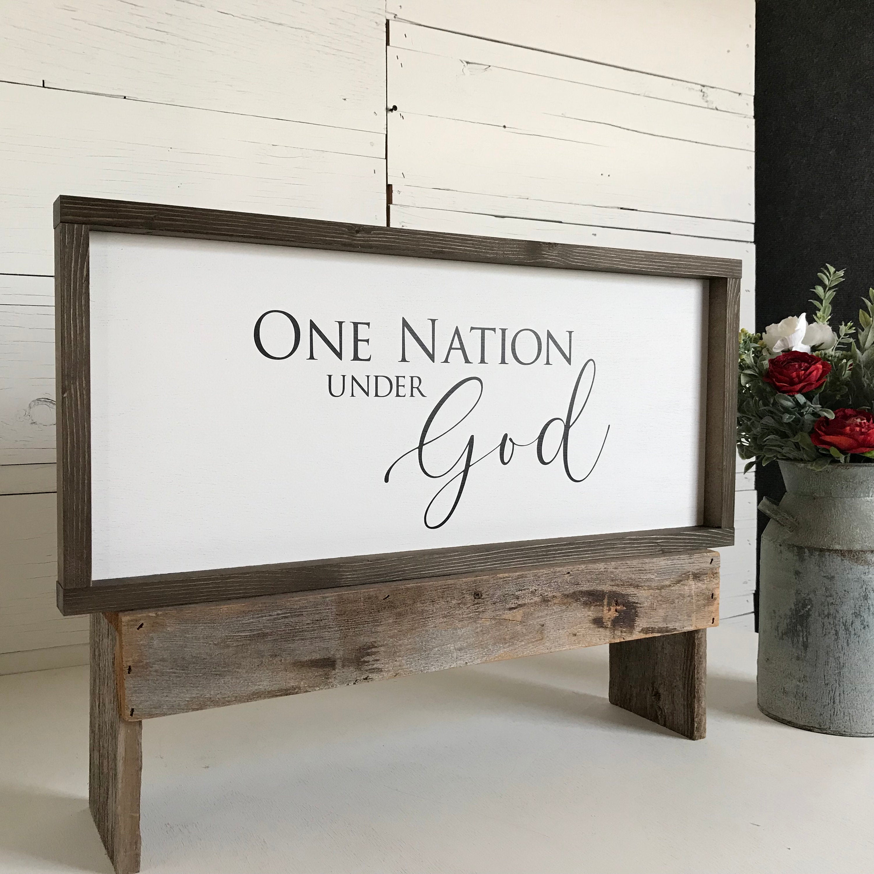 One Nation Under God wooden patriotic farmhouse sign for Americana wall decor