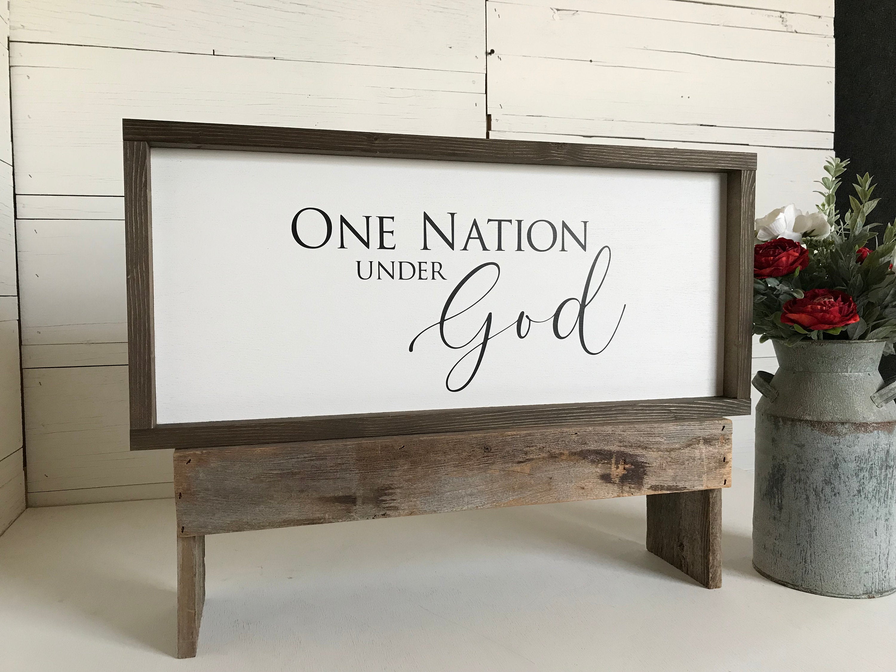 One Nation Under God wooden patriotic farmhouse sign for Americana wall decor