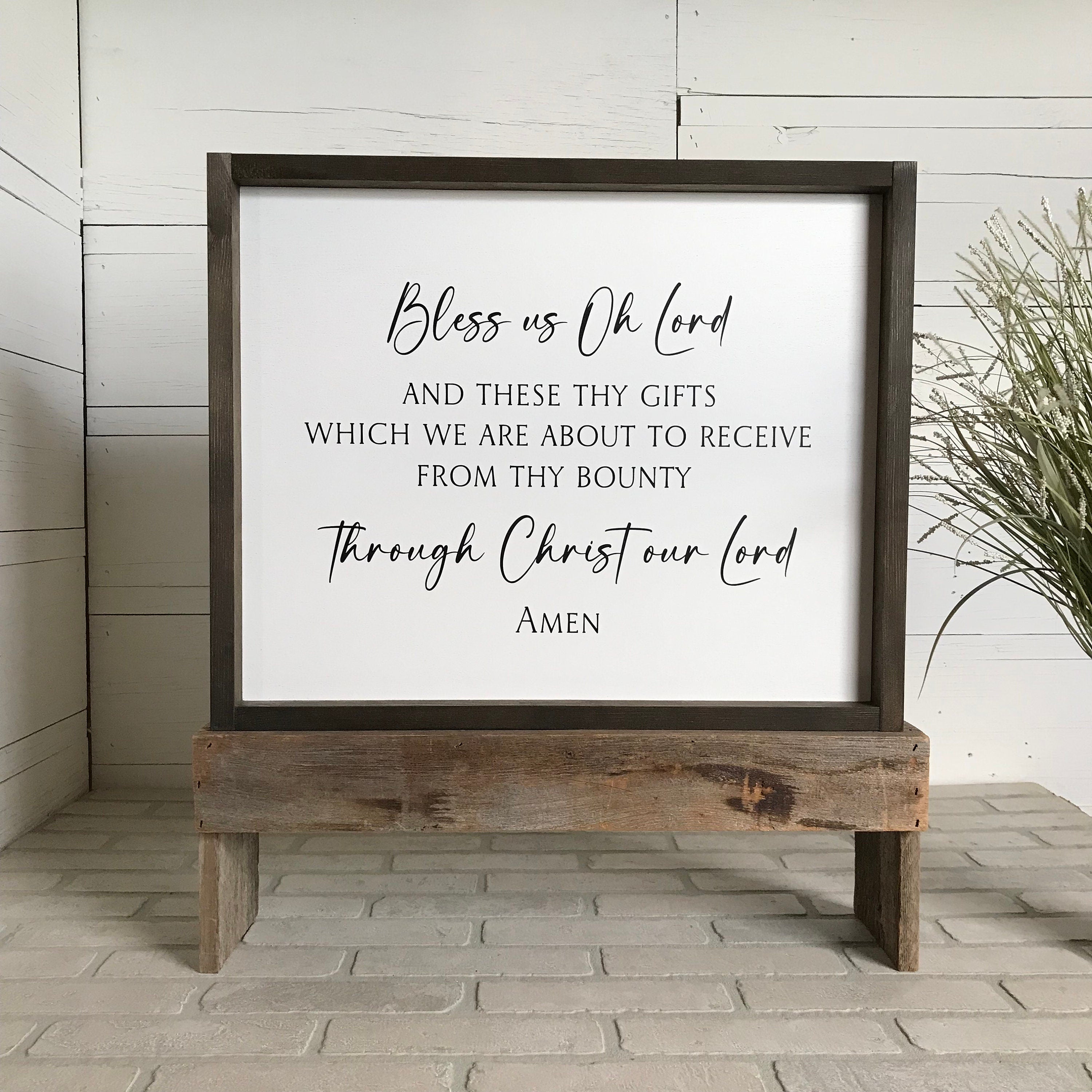 Bless Us Oh Lord and These Thy Gifts Prayer framed wooden farmhouse sign for dining room kitchen wall decor