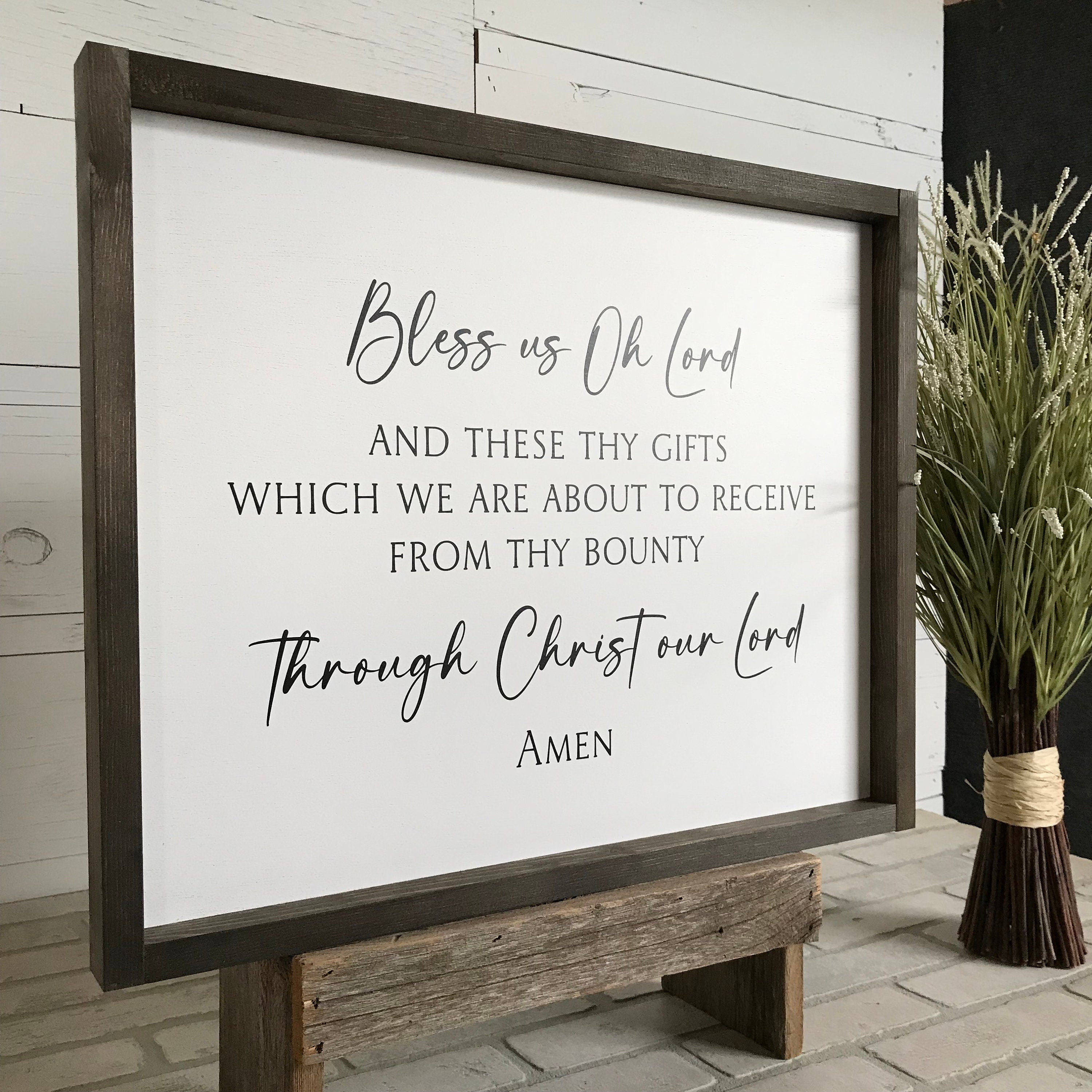 Bless Us Oh Lord and These Thy Gifts Prayer framed wooden farmhouse sign for dining room kitchen wall decor